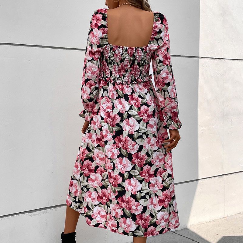 Floral Square Neck Shirred Waist Midi Dress - Pink - 5