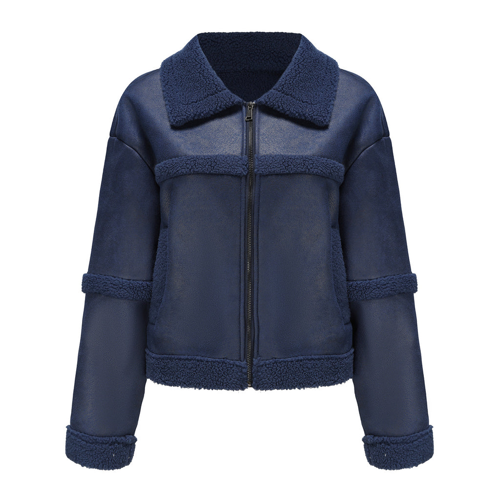 Sherpa Collar Cropped Aviator Jacket - Blue