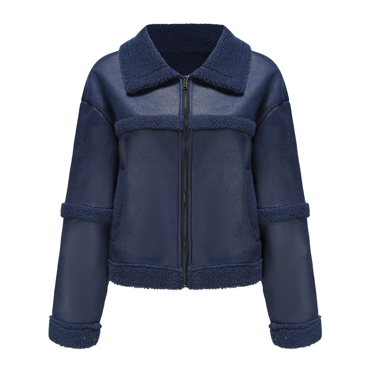 Sherpa Collar Cropped Aviator Jacket - Blue