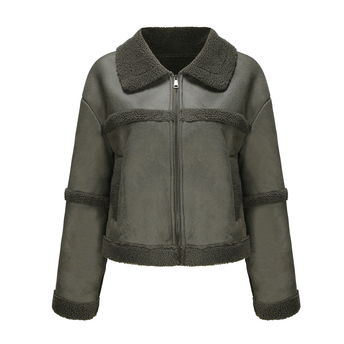 Sherpa Collar Cropped Aviator Jacket - Olive