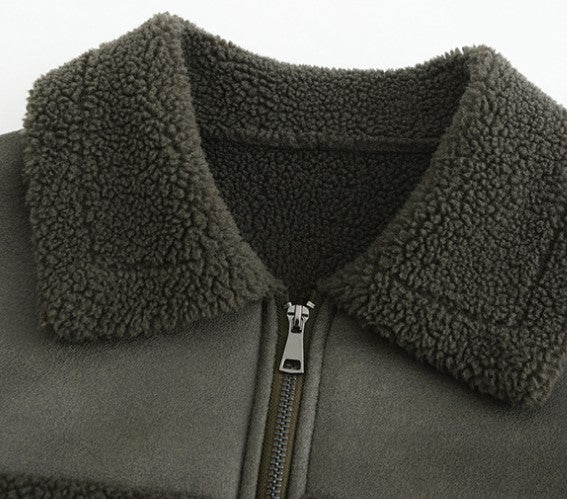 Sherpa Collar Cropped Aviator Jacket - Olive - 1