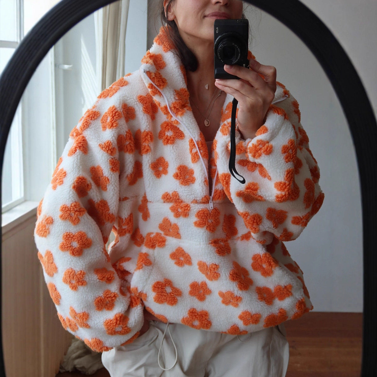 Retro Floral Sherpa Half Zip Pullover - Orange