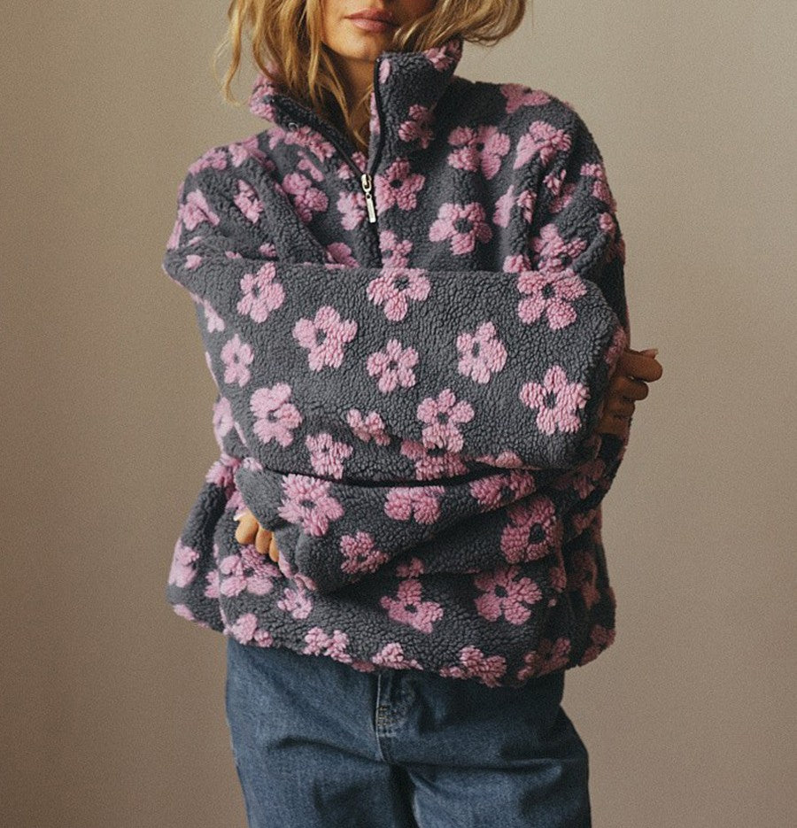 Retro Floral Sherpa Half Zip Pullover - Pink