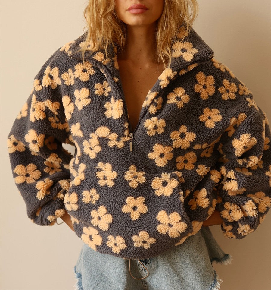Retro Floral Sherpa Half Zip Pullover - Yellow