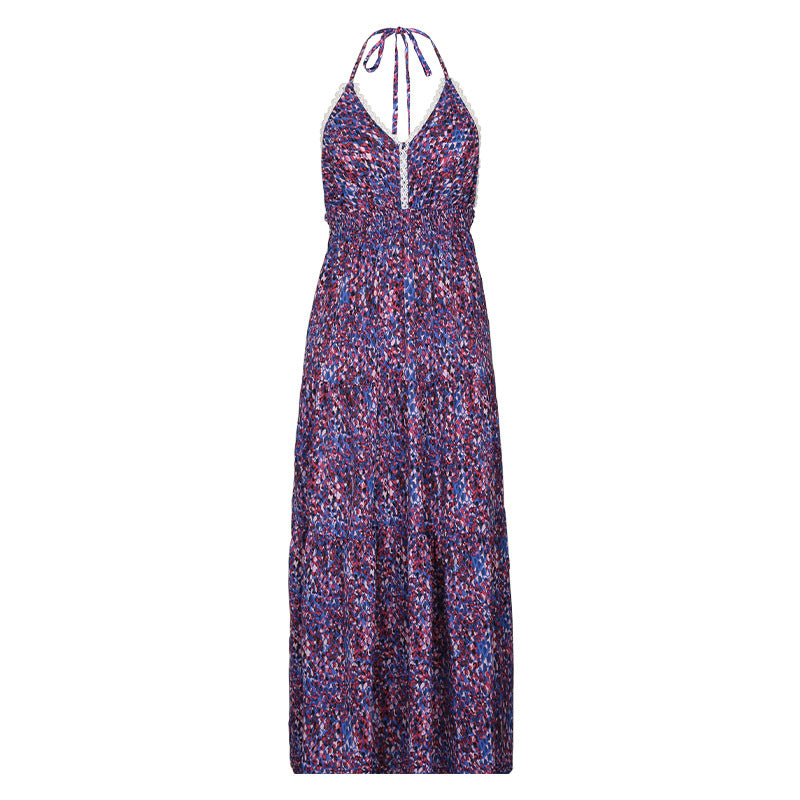 Ditsy Print Halter Slit Maxi Sundress - Purple - 7
