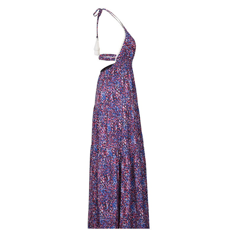 Ditsy Print Halter Slit Maxi Sundress - Purple - 8