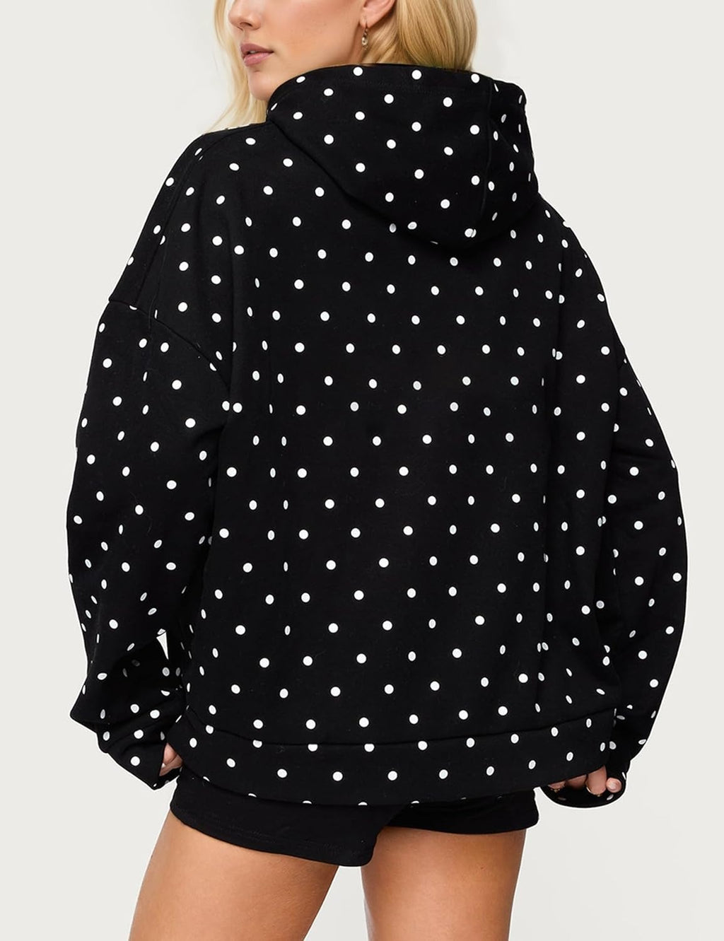 Dotted Drop Shoulder Pullover Hoodie - Black - 2