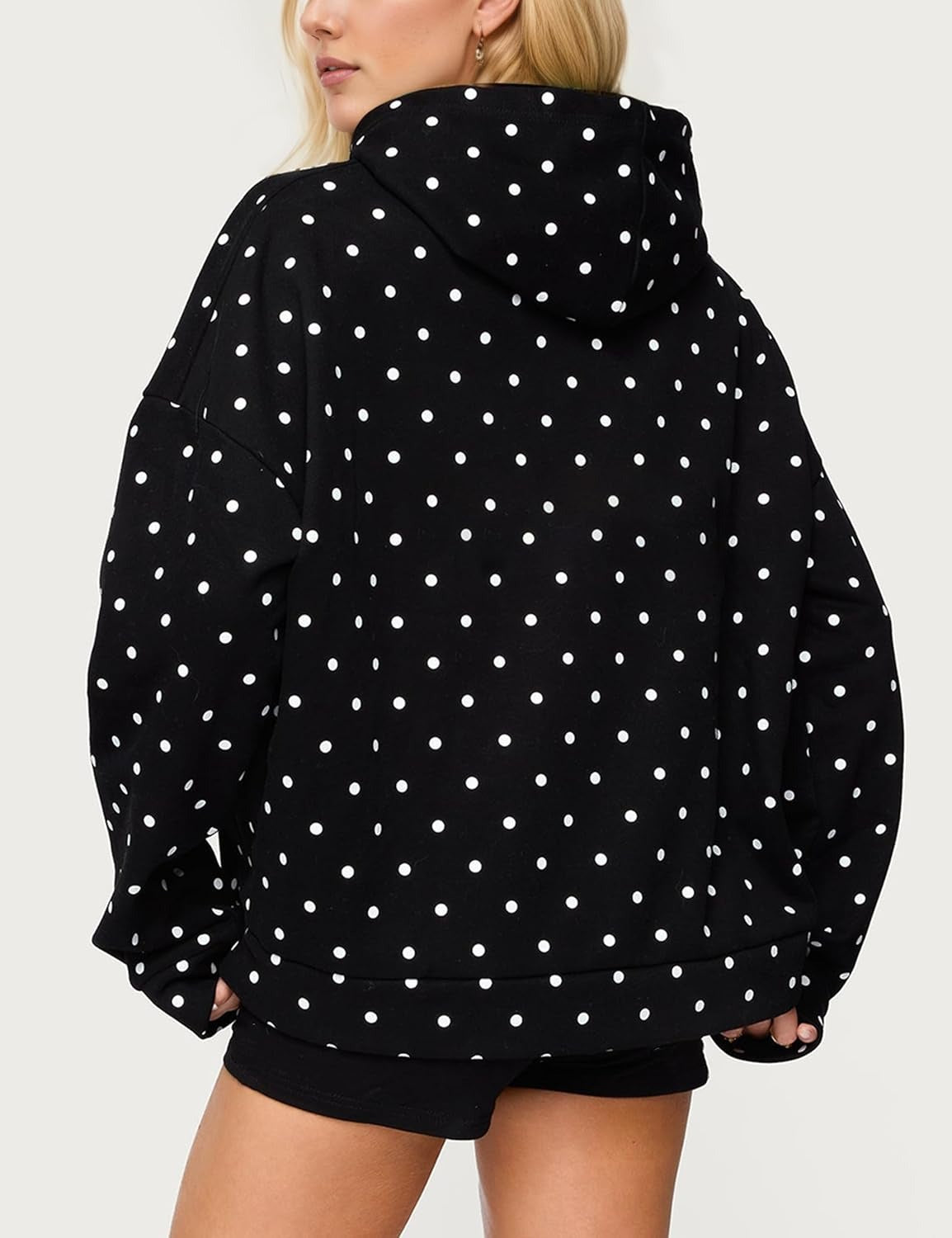 Dotted Drop Shoulder Pullover Hoodie - Black - 2