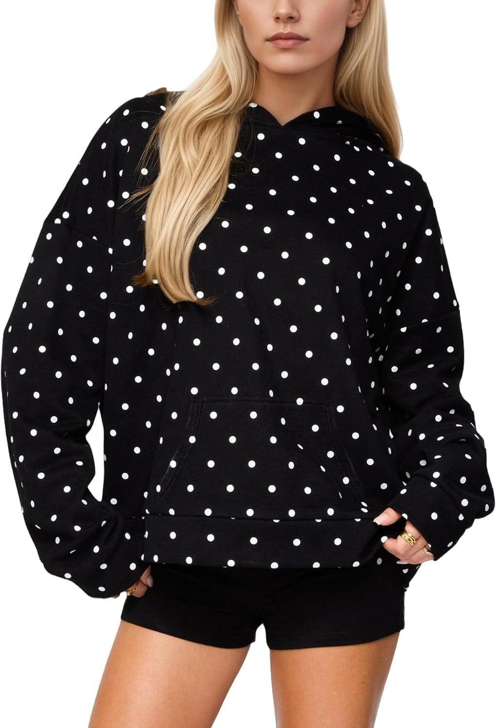 Dotted Drop Shoulder Pullover Hoodie - Black - 3