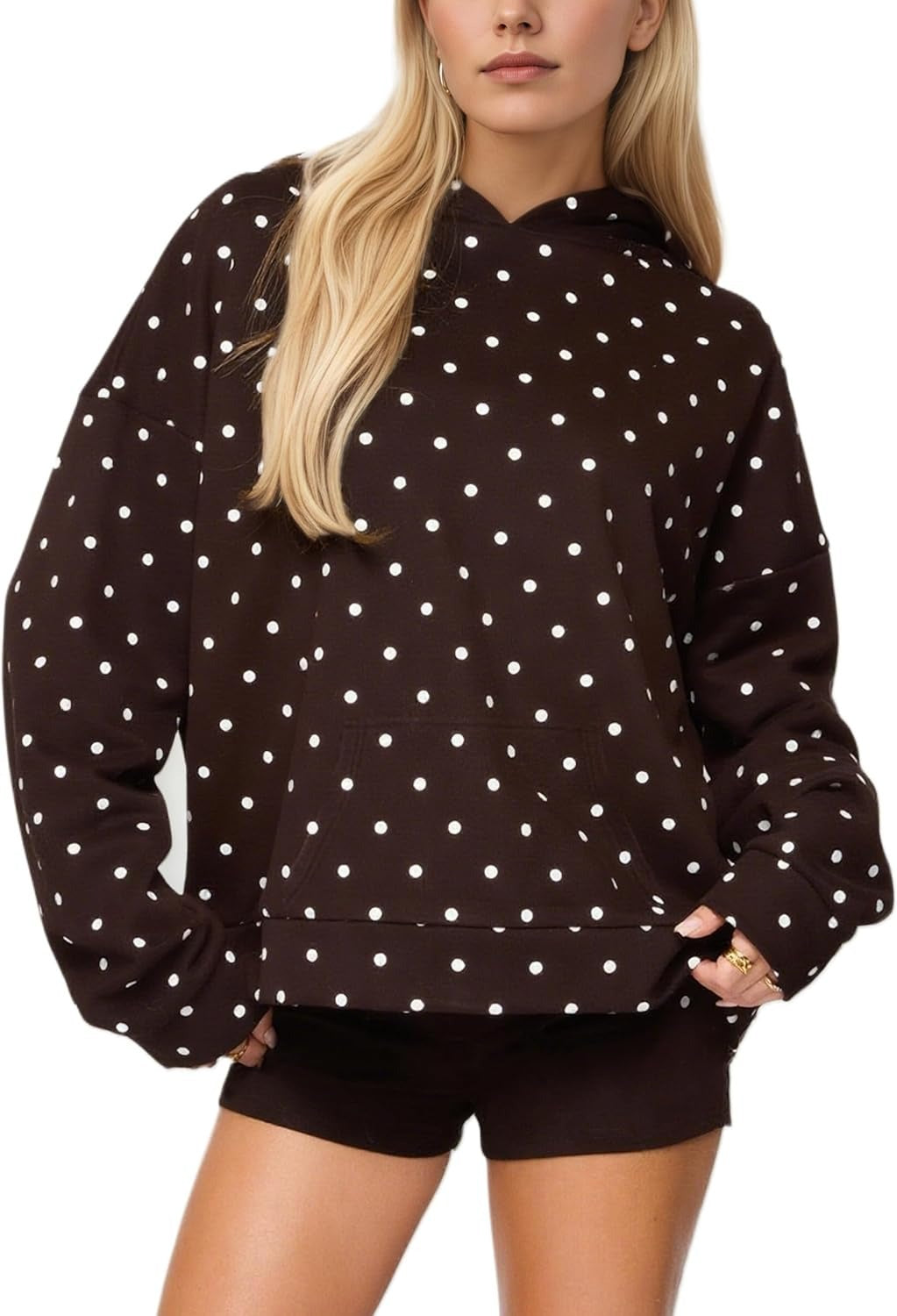Dotted Drop Shoulder Pullover Hoodie - Coffee - 1