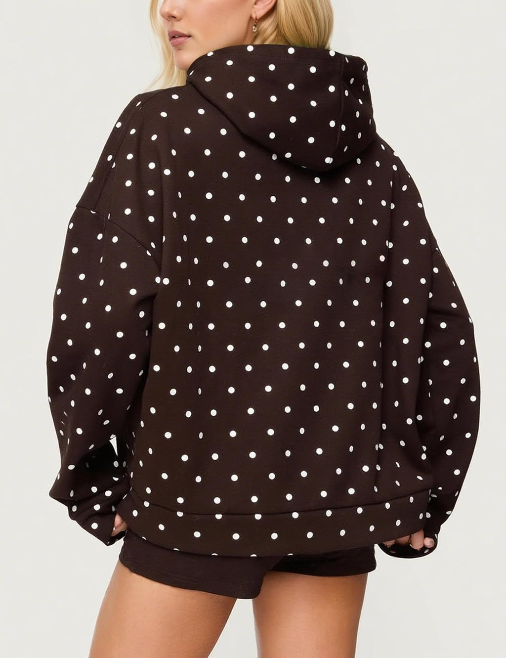 Dotted Drop Shoulder Pullover Hoodie - Coffee - 3