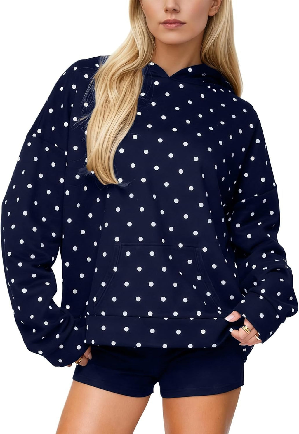 Dotted Drop Shoulder Pullover Hoodie - Navy