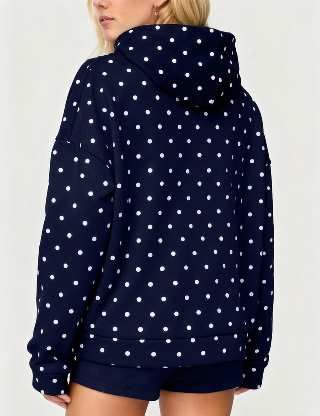 Dotted Drop Shoulder Pullover Hoodie - Navy - 1