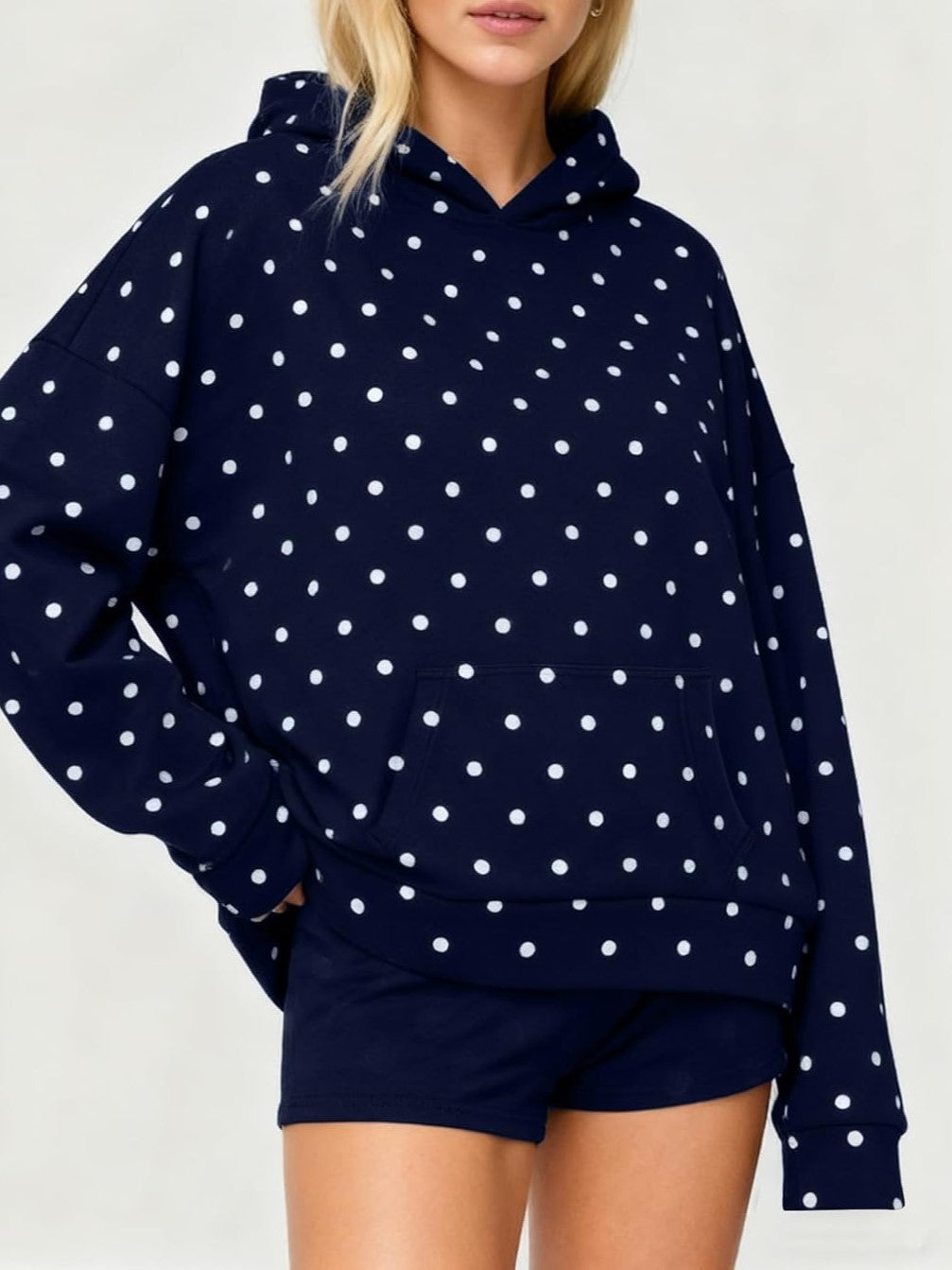 Dotted Drop Shoulder Pullover Hoodie - Navy - 2