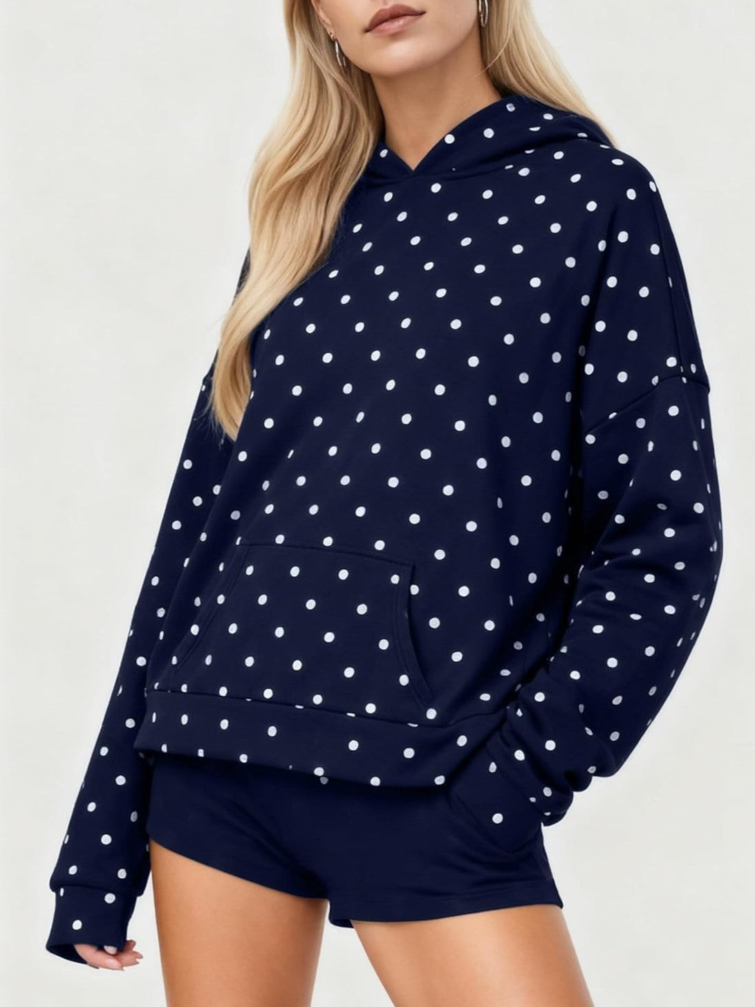 Dotted Drop Shoulder Pullover Hoodie - Navy - 3