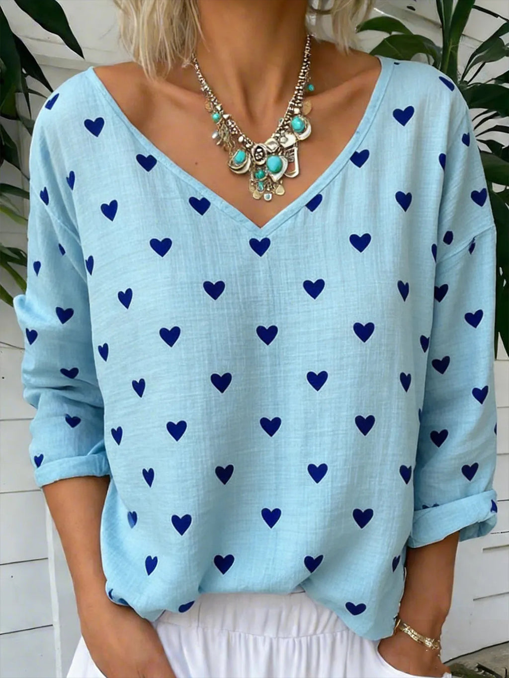 Heart Print Blouse With Relaxed V Neckline - Blue