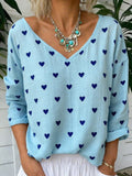 Heart Print Blouse With Relaxed V Neckline - Blue