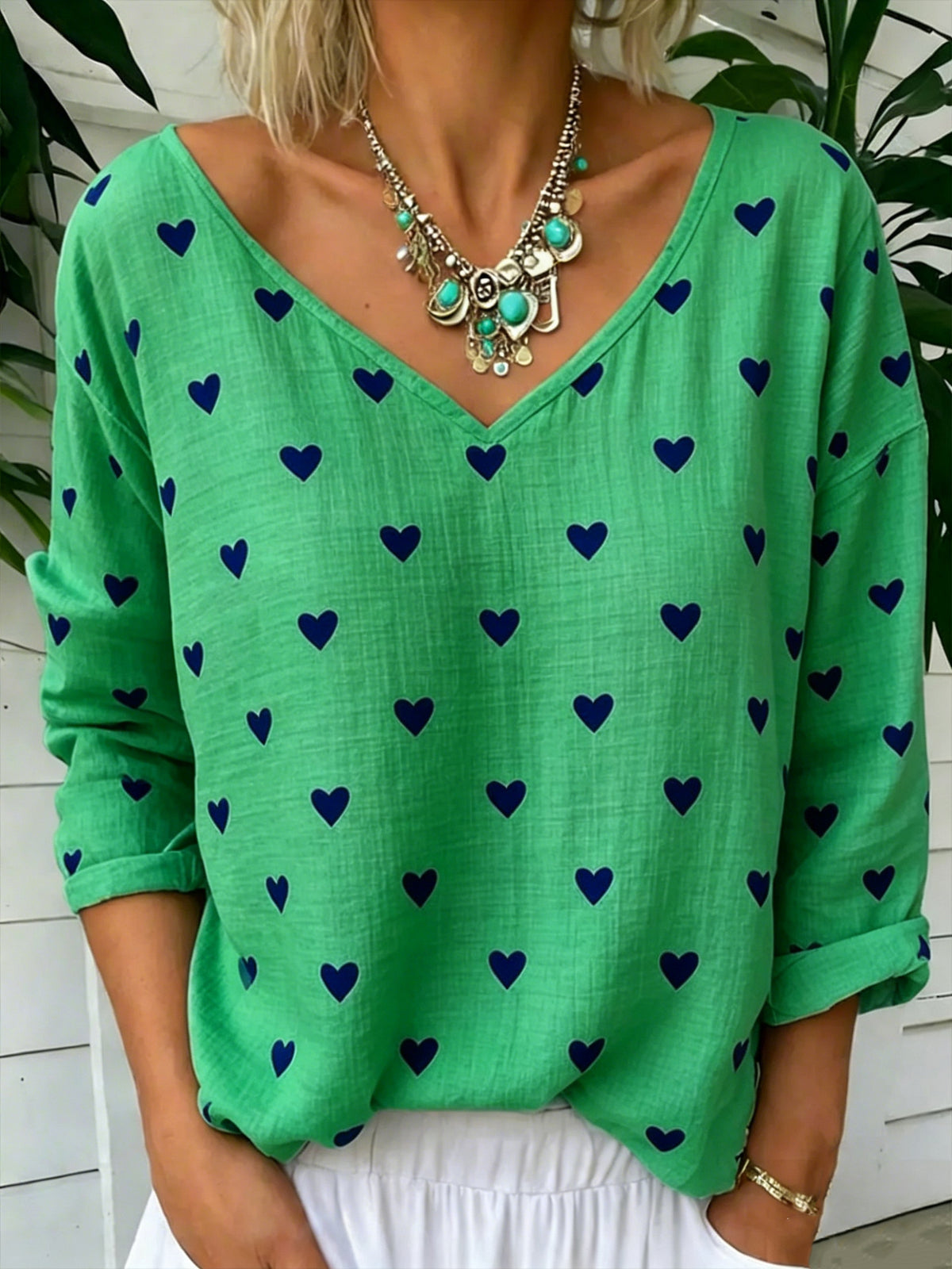 Heart Print Blouse With Relaxed V Neckline - Green