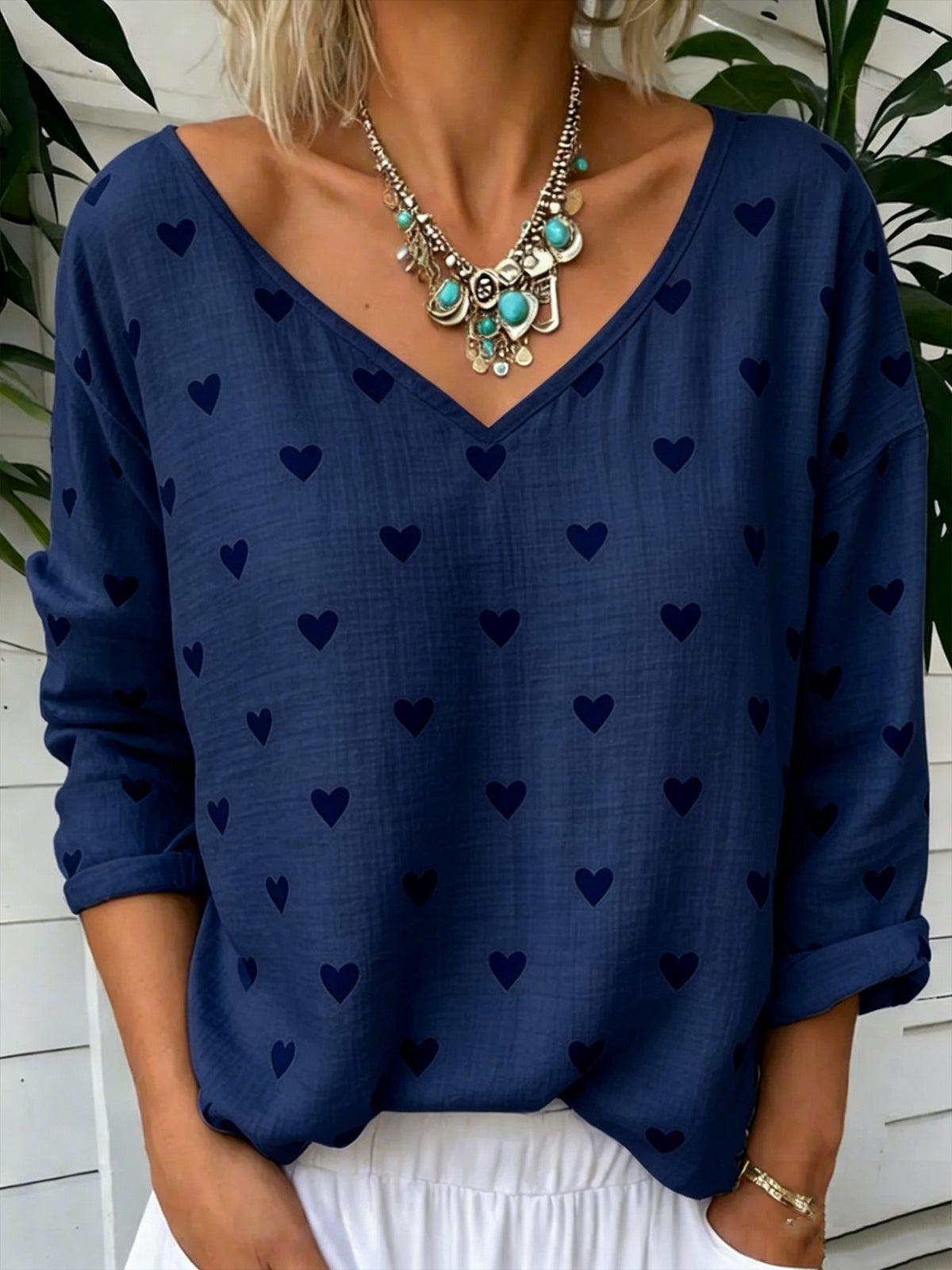 Heart Print Blouse With Relaxed V Neckline - Navy