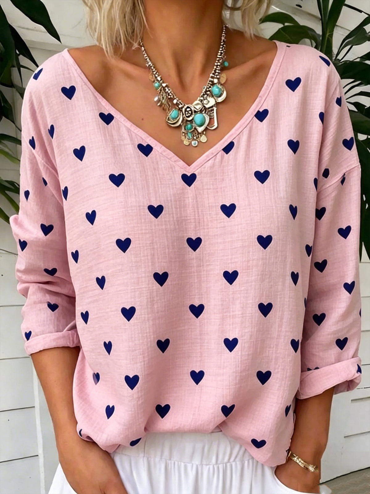 Heart Print Blouse With Relaxed V Neckline - Pink
