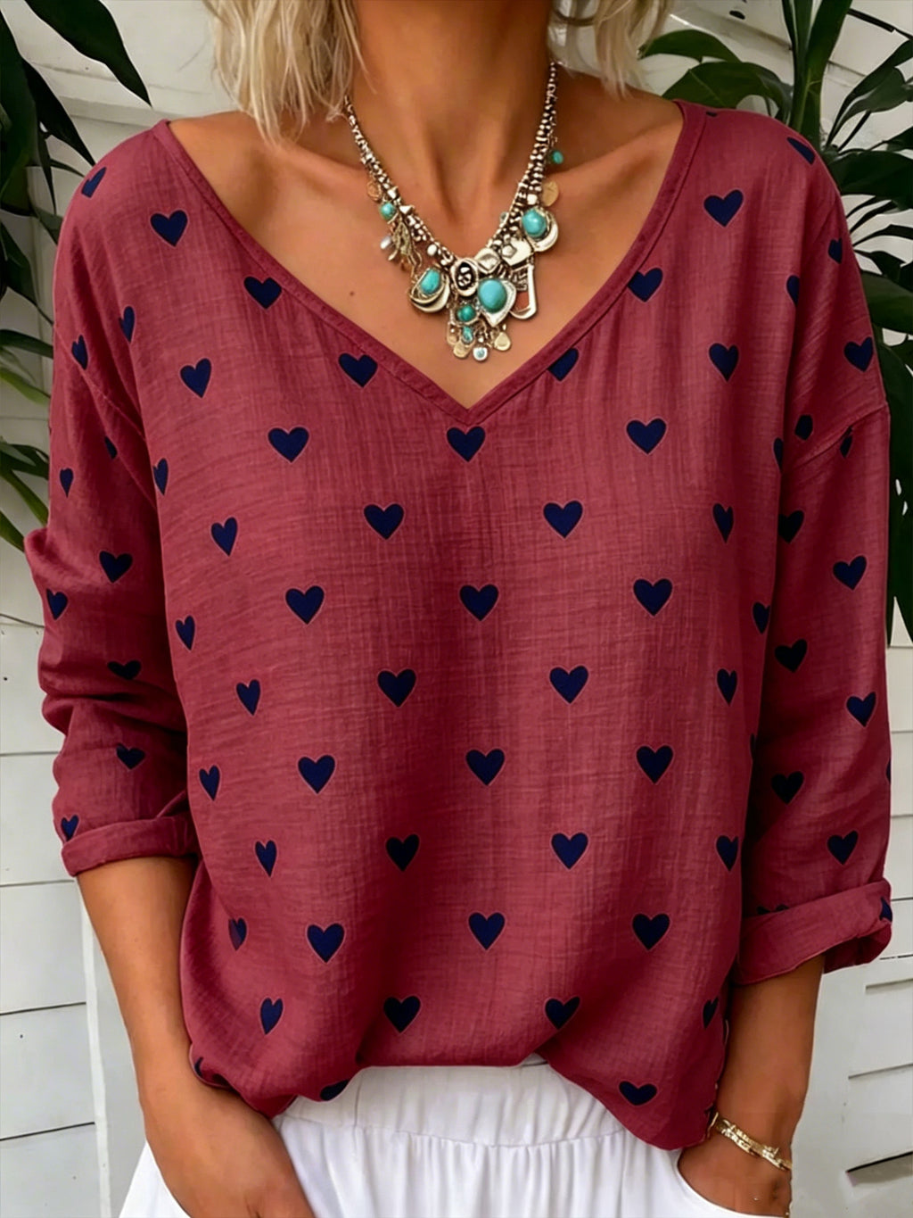 Heart Print Blouse With Relaxed V Neckline - Red