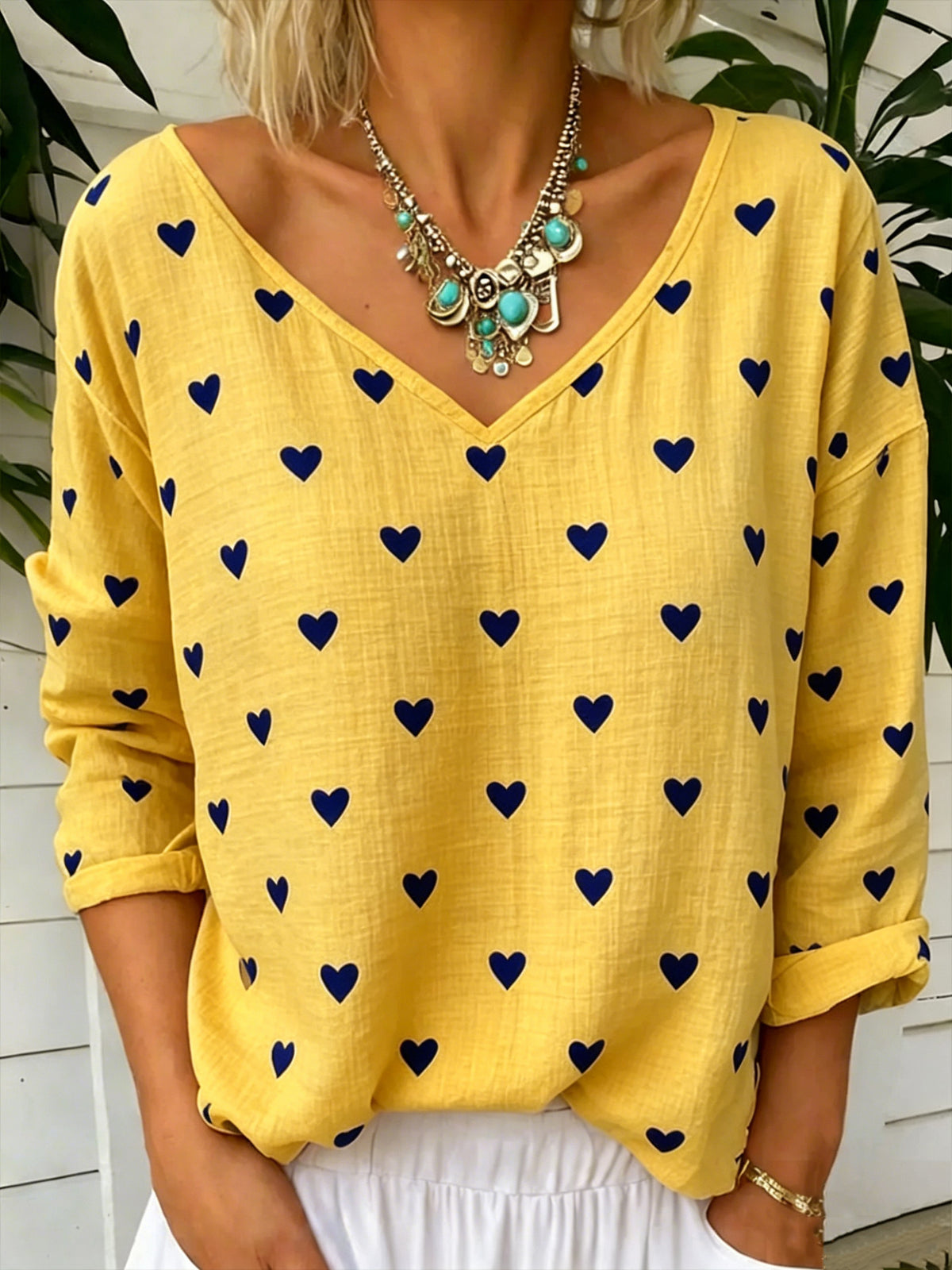 Heart Print Blouse With Relaxed V Neckline - Yellow