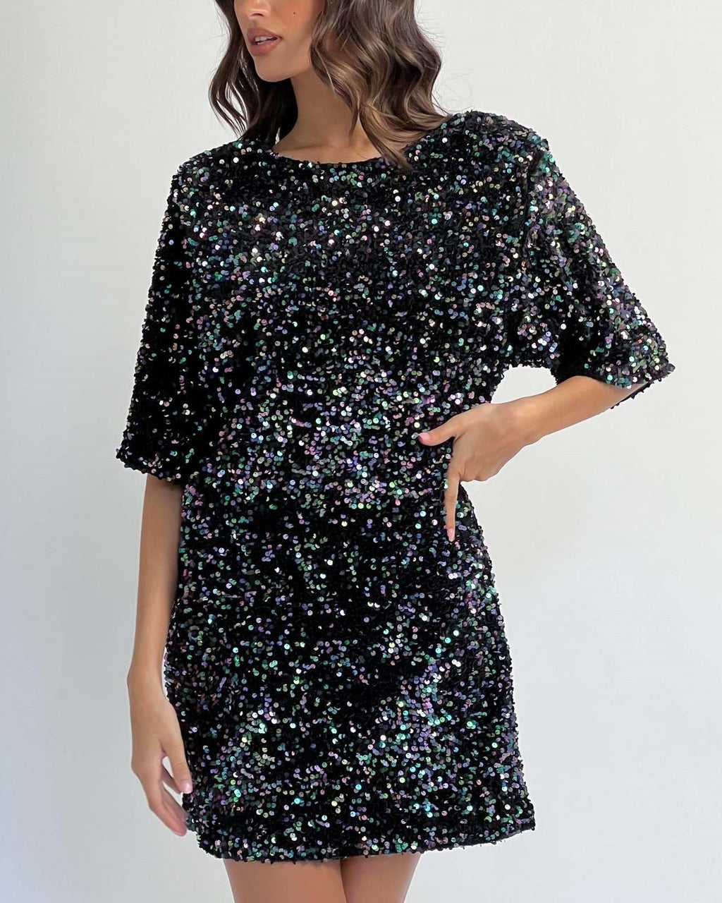 Sequin Open Back Shift Mini Dress - Black