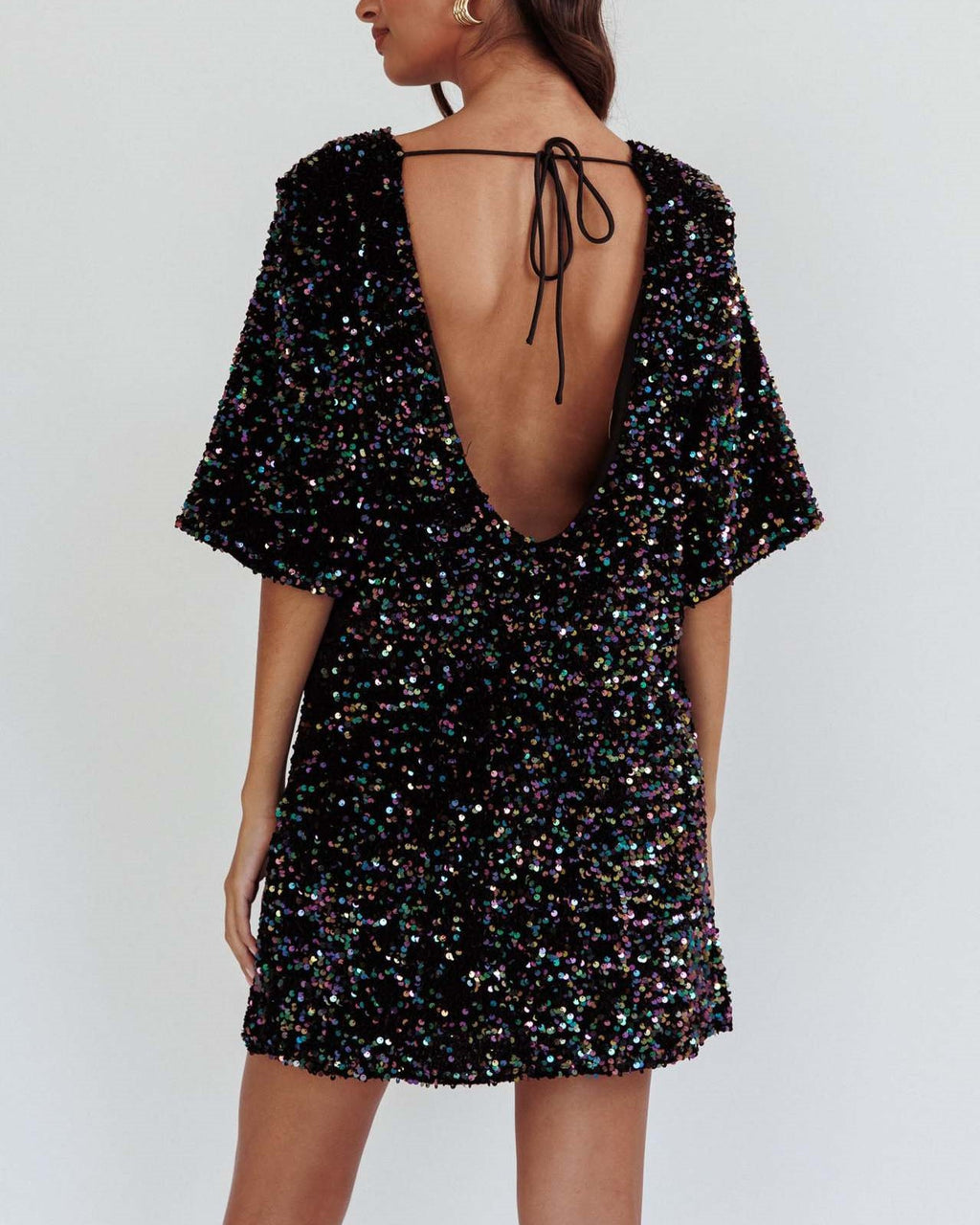 Sequin Open Back Shift Mini Dress - Black - 1