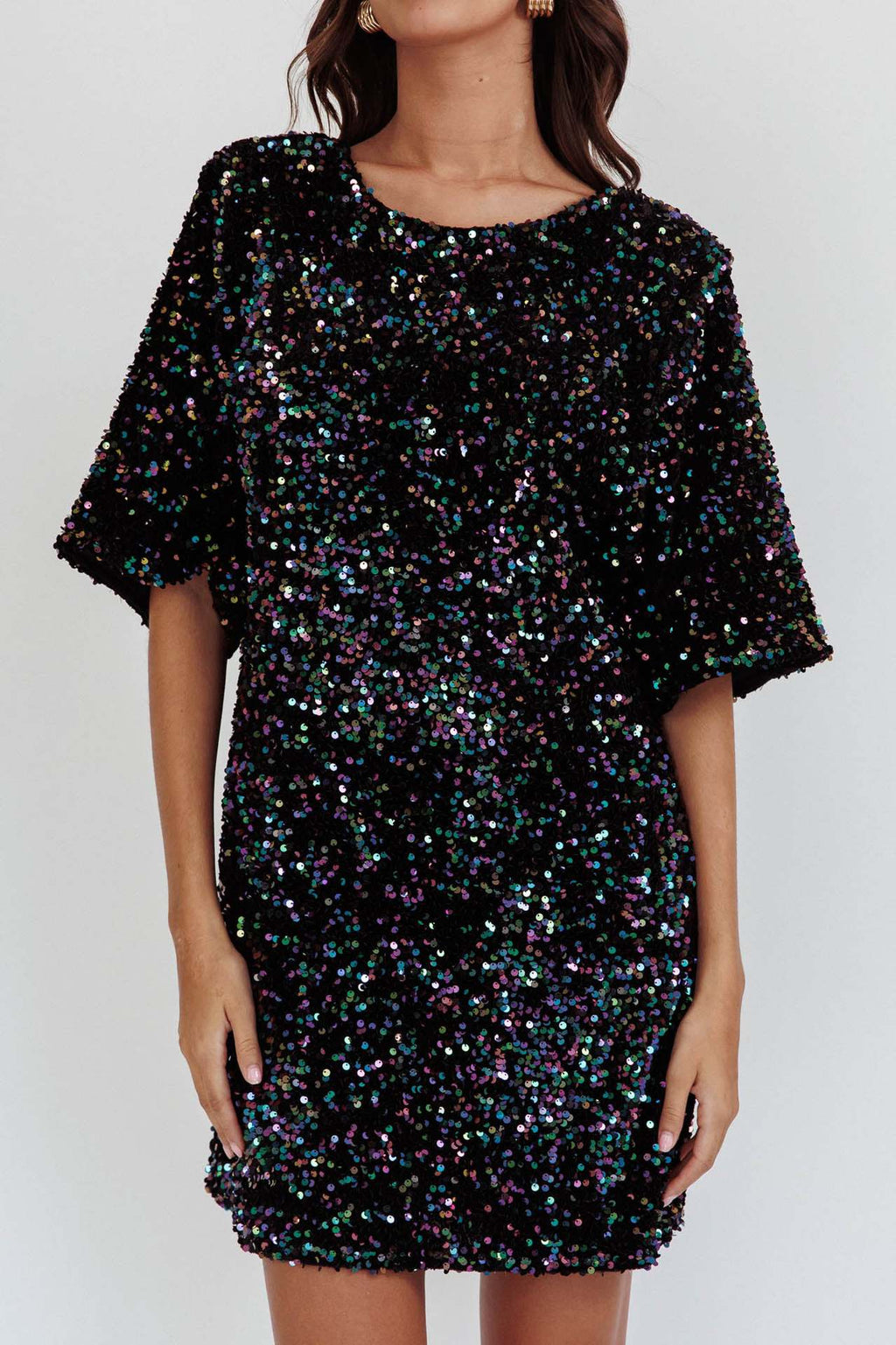 Sequin Open Back Shift Mini Dress - Black - 2