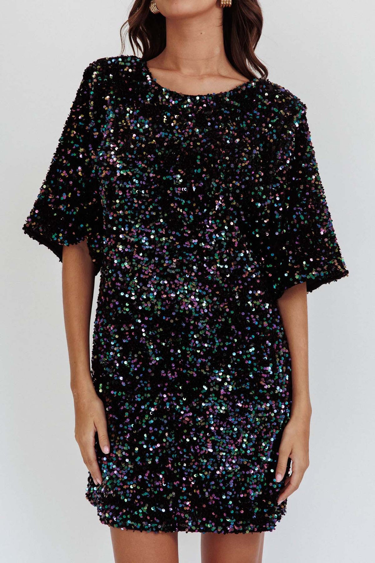 Sequin Open Back Shift Mini Dress - Black - 2
