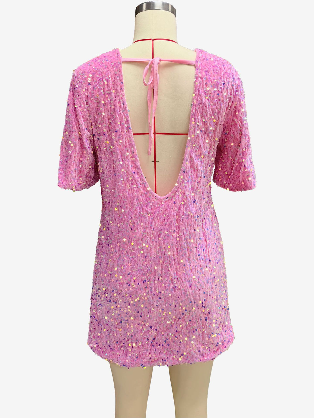 Sequin Open Back Shift Mini Dress - Pink - 1