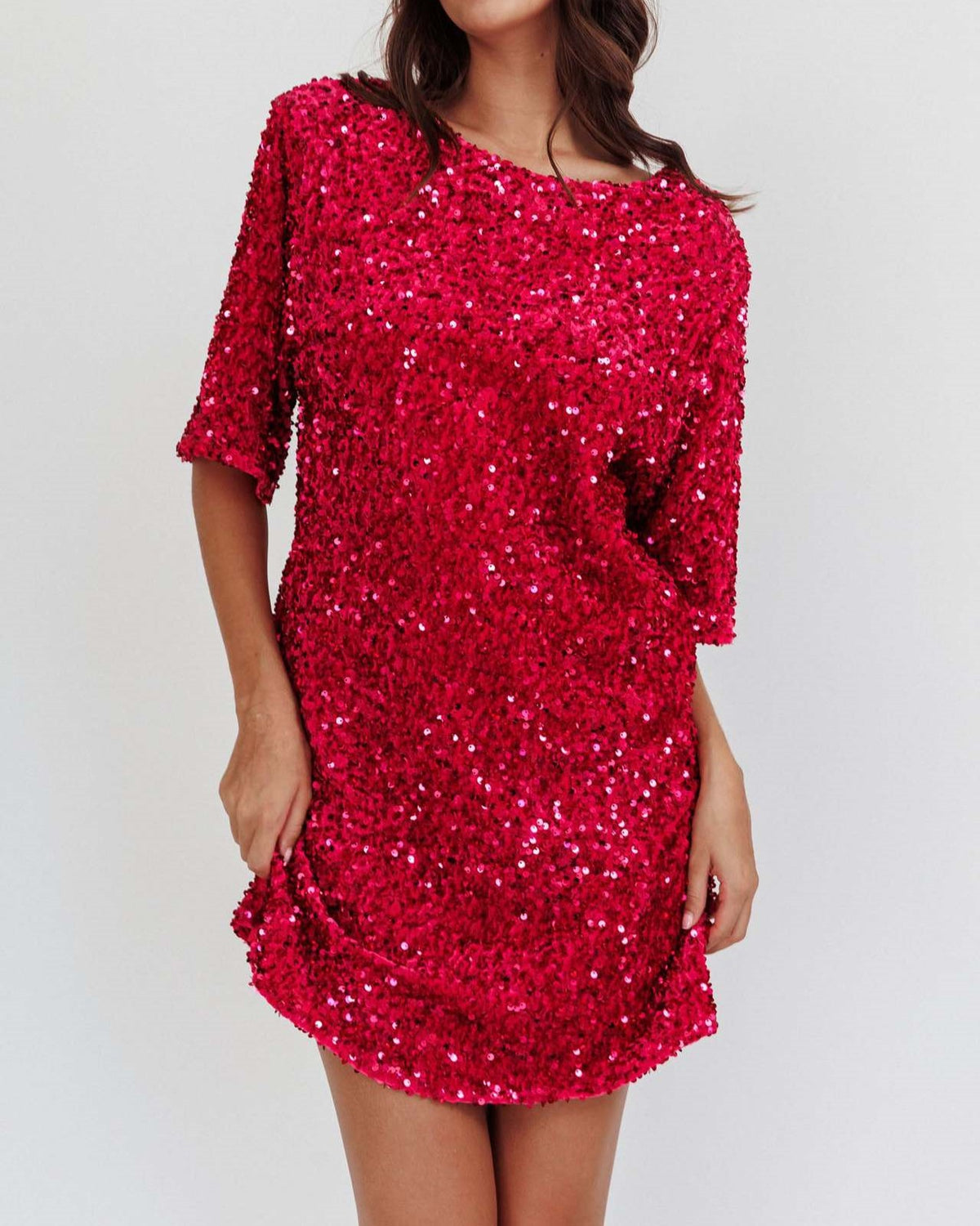 Sequin Open Back Shift Mini Dress - Red