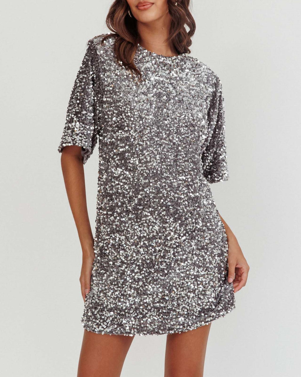 Sequin Open Back Shift Mini Dress - Silvery - 3