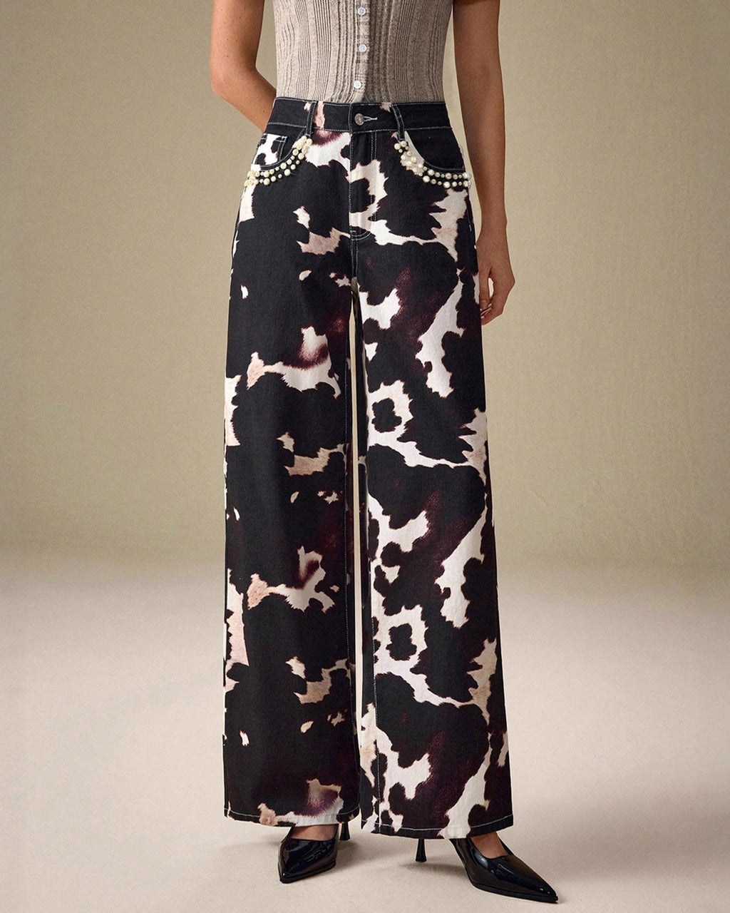 Western Cowhide Print Baggy Jeans With Pearl Detail - Color - 1