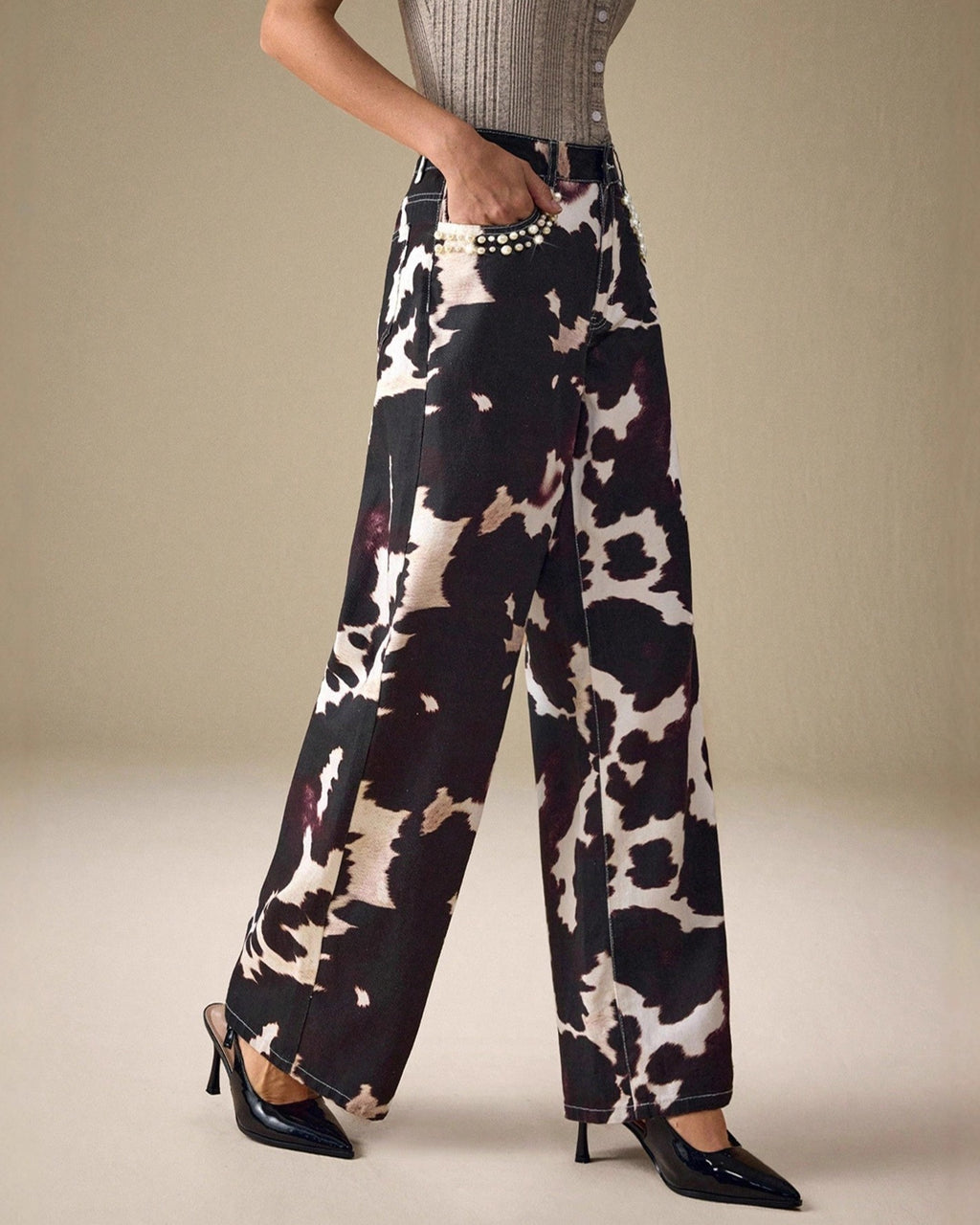 Western Cowhide Print Baggy Jeans With Pearl Detail - Color - 2