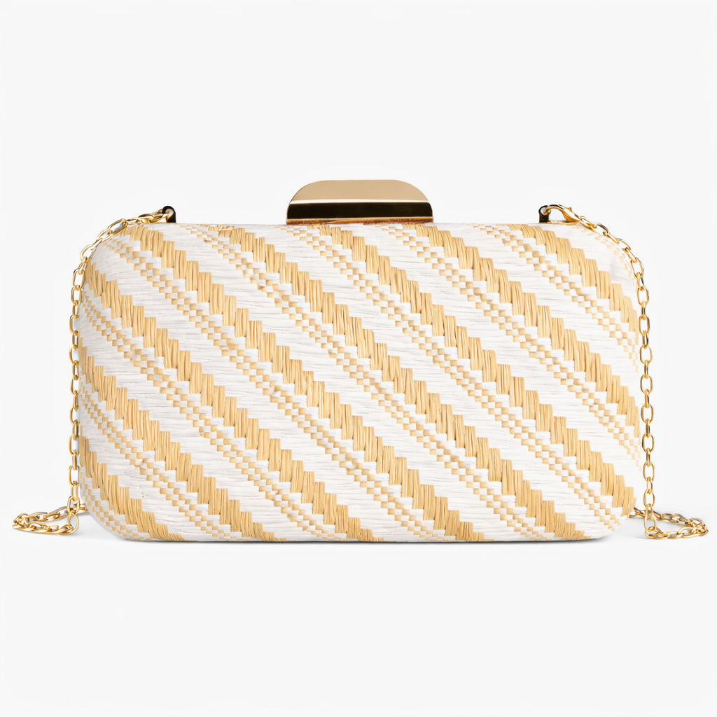 Diagonal Stripe Straw Clutch Bag - Beige - 2