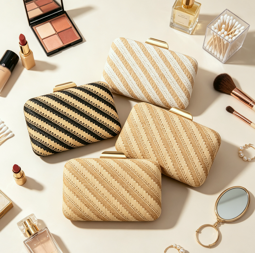Diagonal Stripe Straw Clutch Bag - Beige - 3