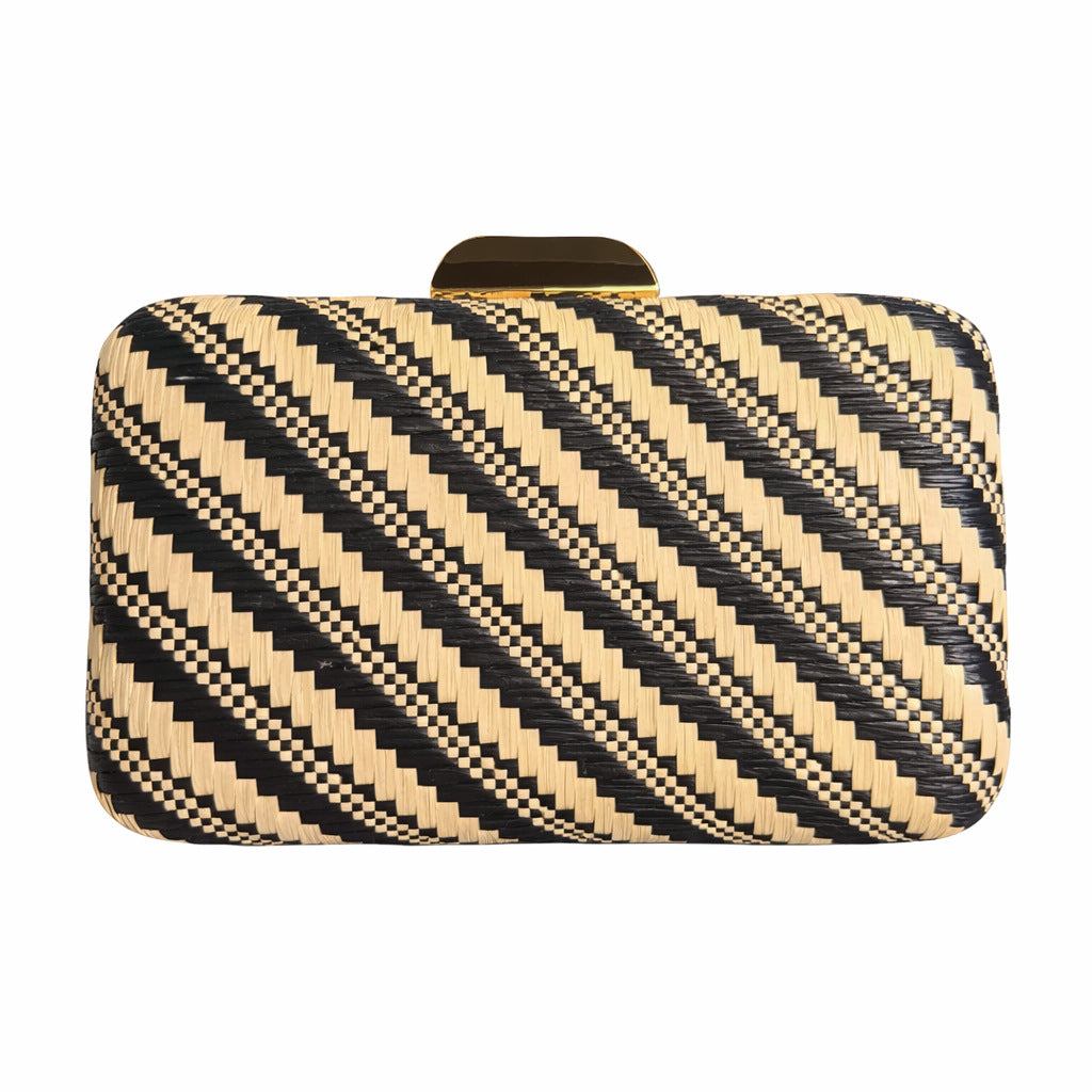Diagonal Stripe Straw Clutch Bag - Black