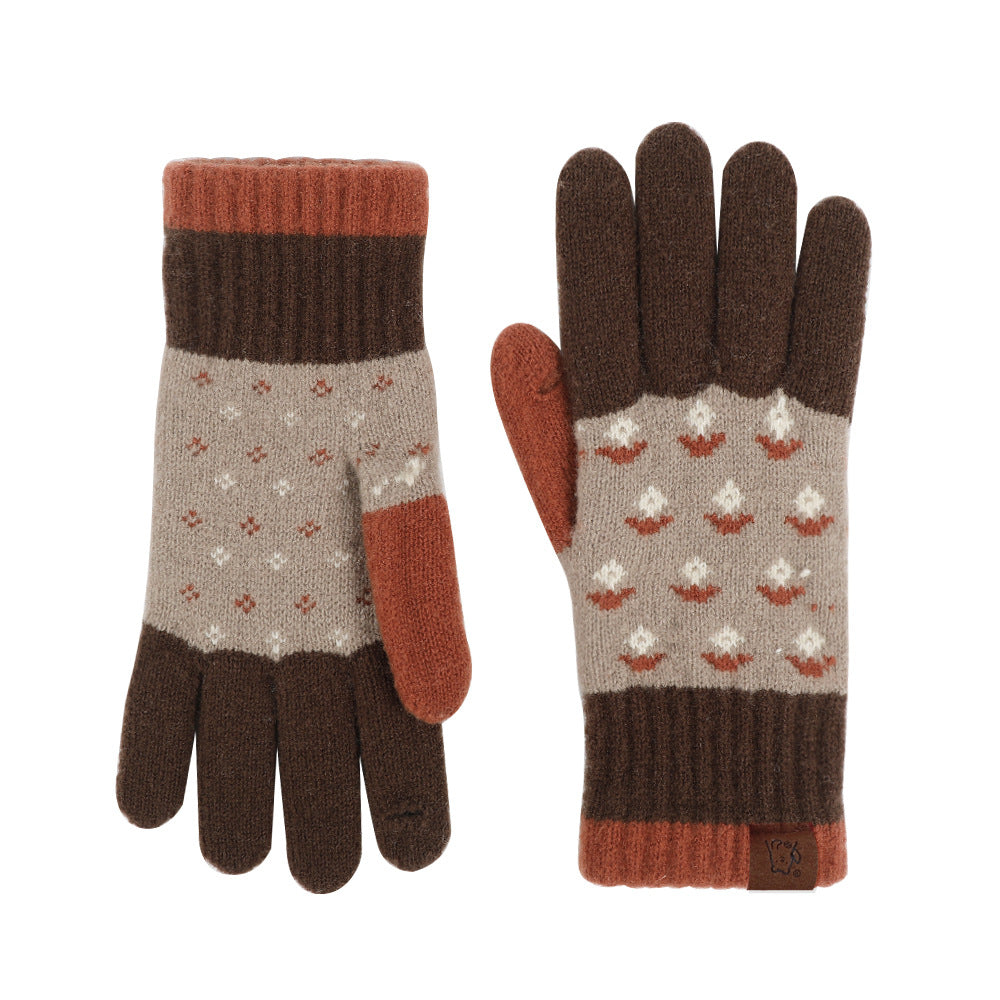 Fair Isle Jacquard Colorblock Knit Gloves - Coffee