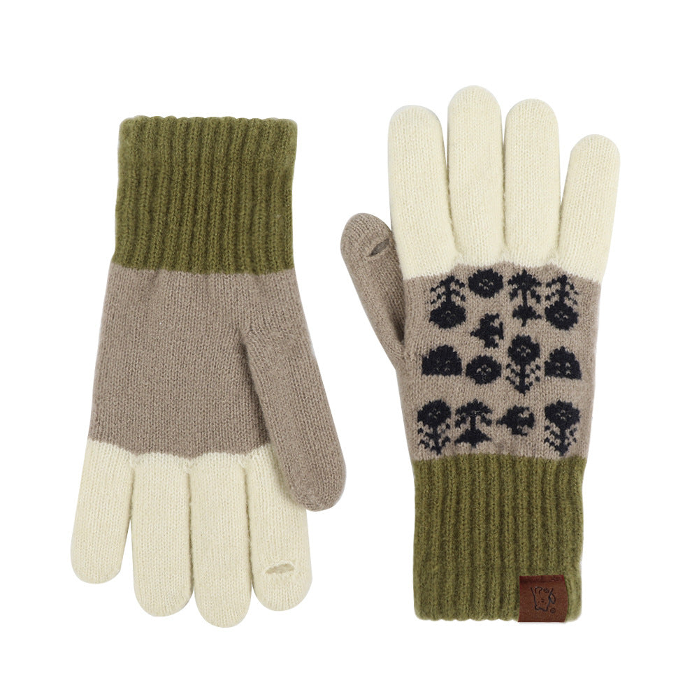 Fair Isle Jacquard Colorblock Knit Gloves - Khaki