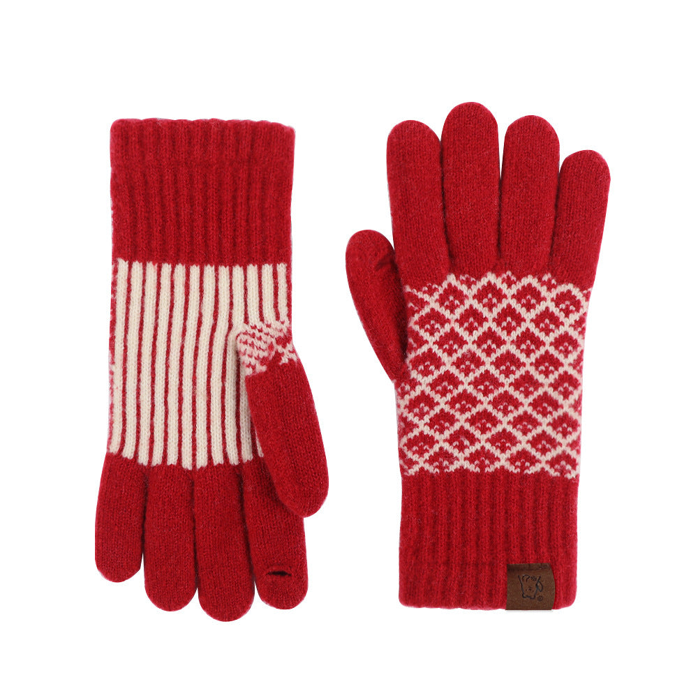 Fair Isle Jacquard Colorblock Knit Gloves - Red - 1