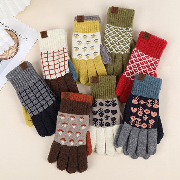 Fair Isle Jacquard Colorblock Knit Gloves - Red - 2
