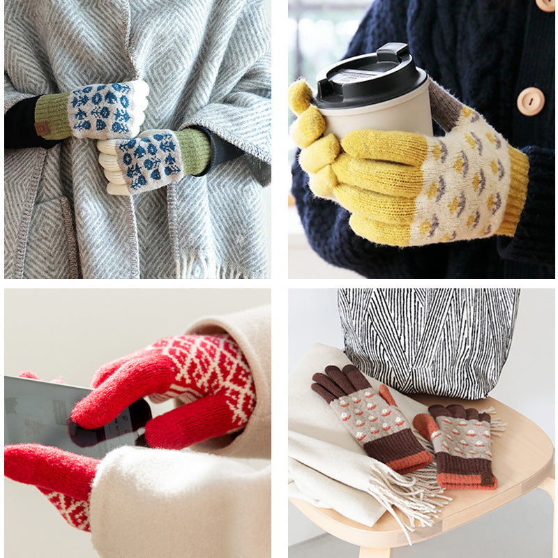 Fair Isle Jacquard Colorblock Knit Gloves - Red - 3