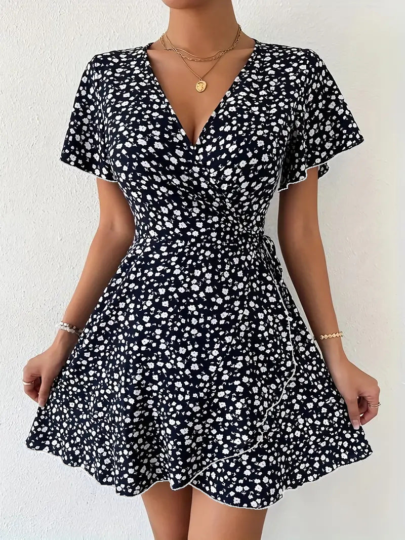 Micro Floral Faux Wrap Skater Mini Dress - Black