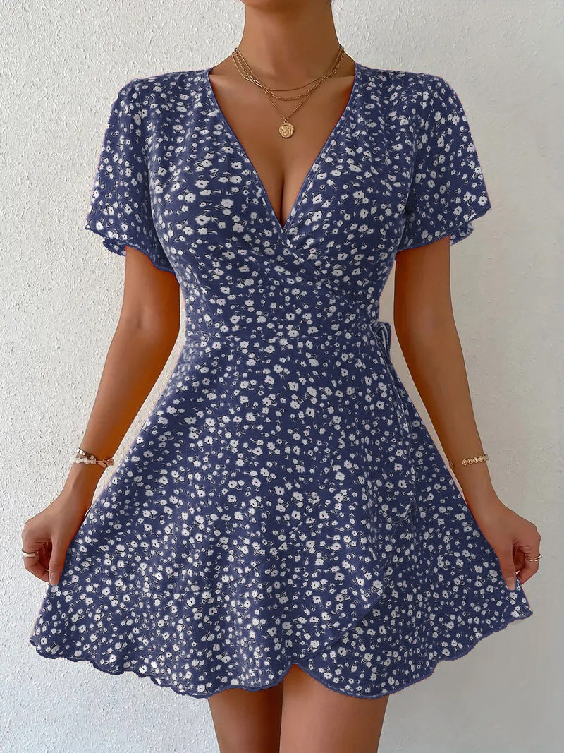 Micro Floral Faux Wrap Skater Mini Dress - Navy