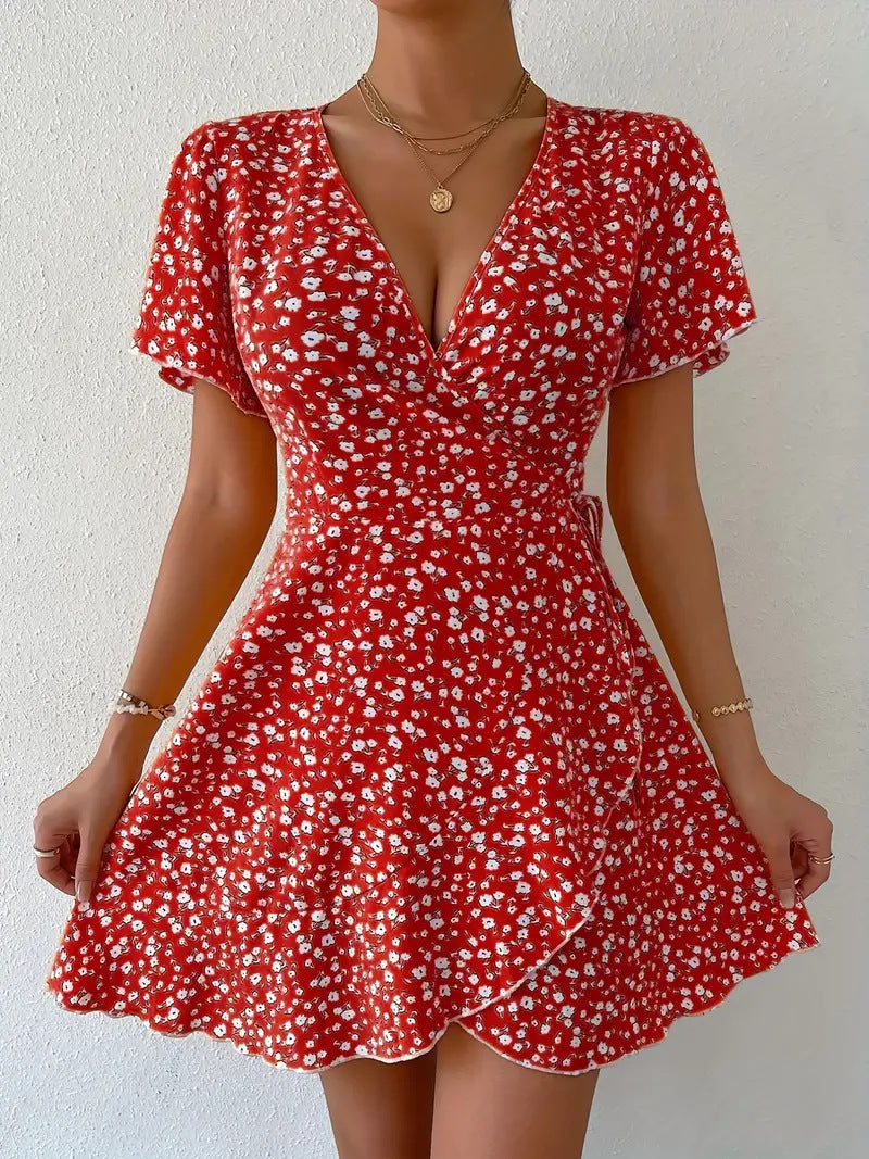 Micro Floral Faux Wrap Skater Mini Dress - Red