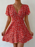 Micro Floral Faux Wrap Skater Mini Dress - Red