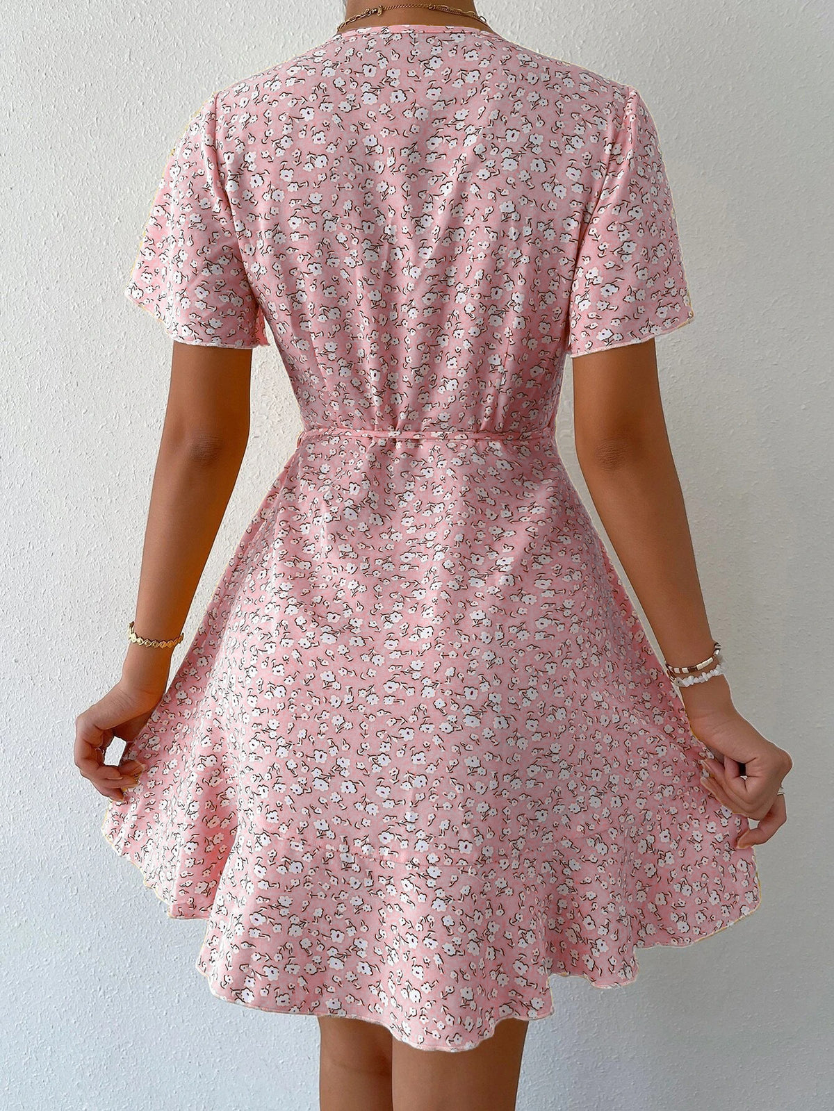 Micro Floral Faux Wrap Skater Mini Dress