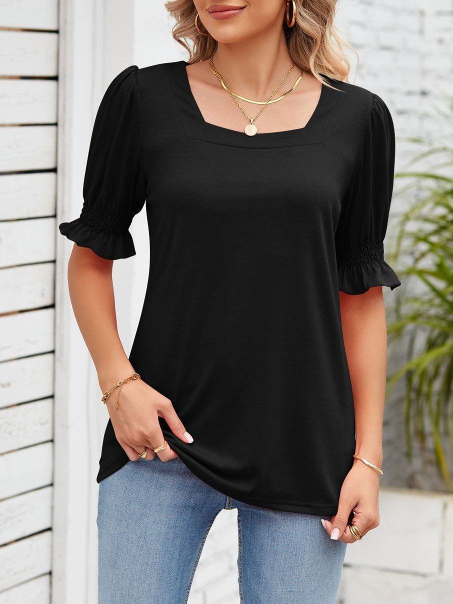 Square Neck Ruffle Sleeve Tunic Top - Black - 1