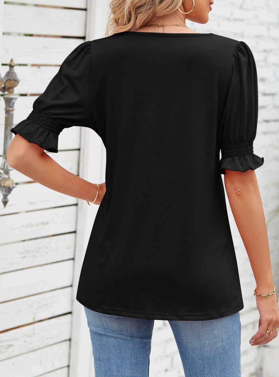 Square Neck Ruffle Sleeve Tunic Top - Black - 2
